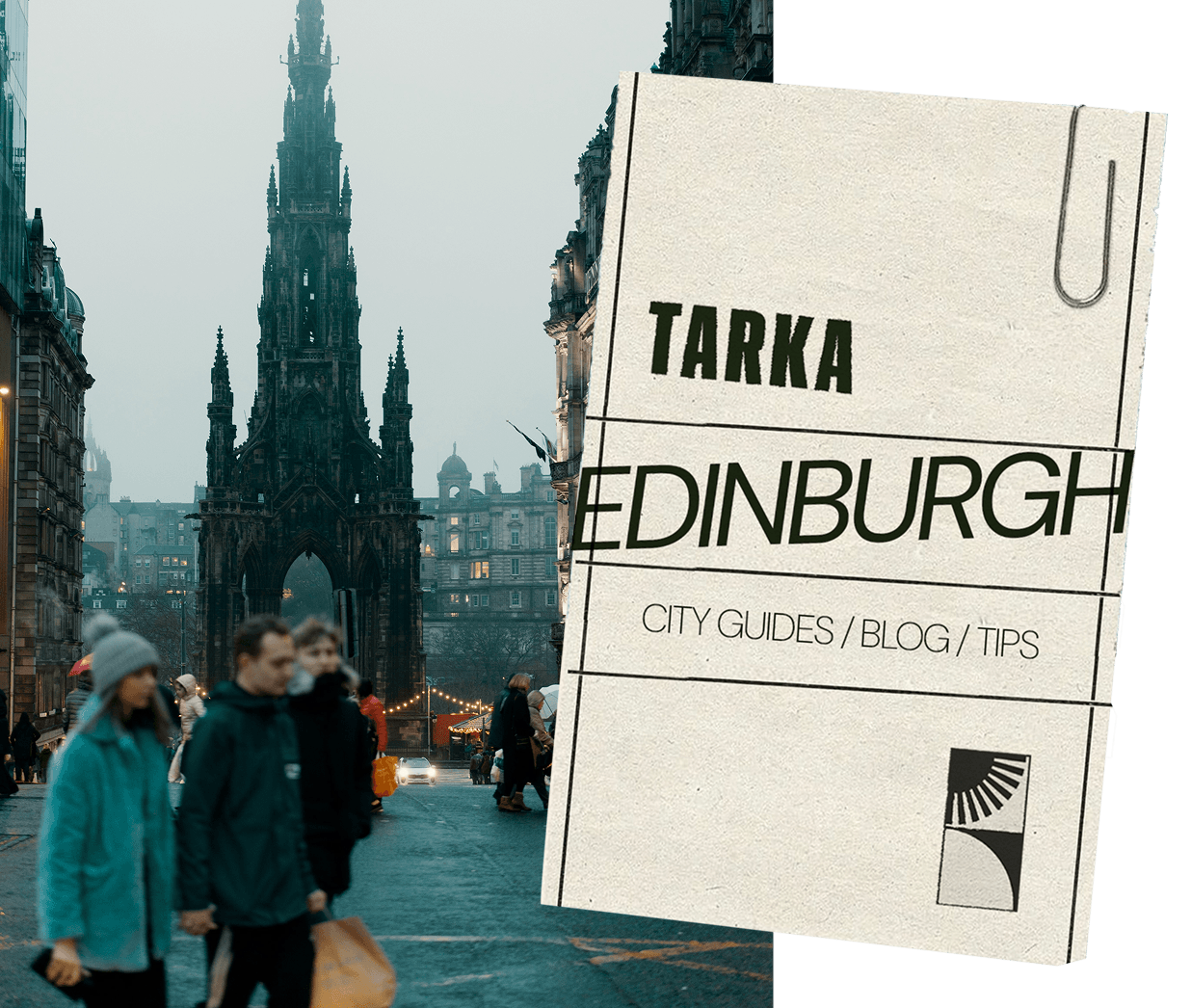 Edinburgh city guide booklet layered over a historic city street scene