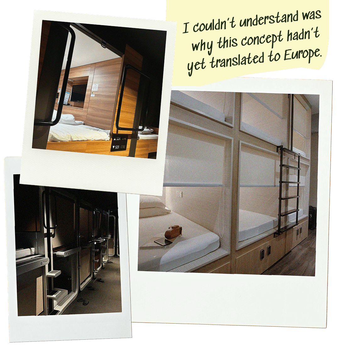 Collage of capsule hotel pictures
